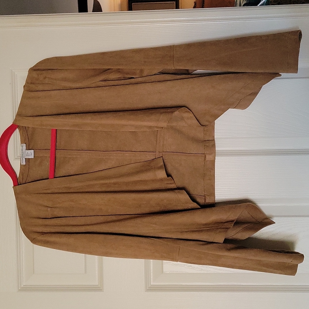 EUC Faux sued camel color jacket with drape front Sz.M